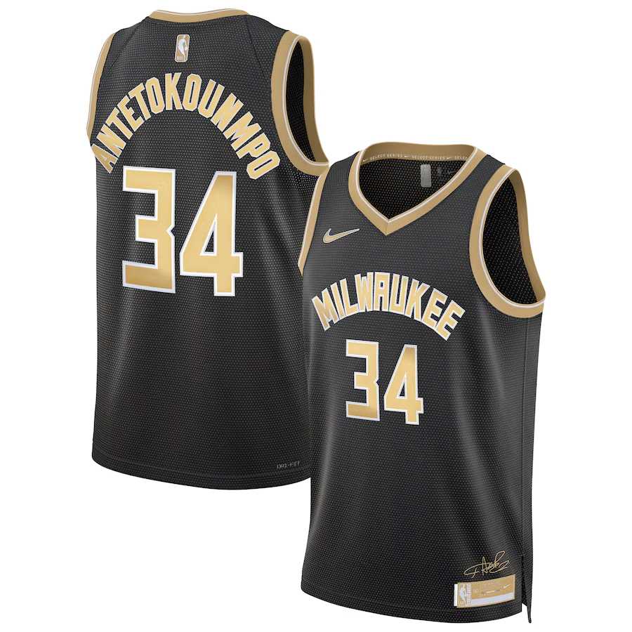 Men%27s Milwaukee Bucks #34 Giannis Antetokounmpo Black Gold 2024 Select Series Stitched Jersey Dzhi